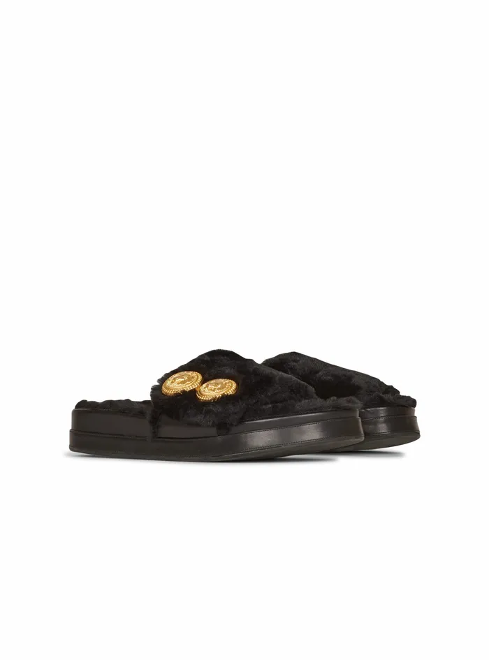 Balmain Flats Womens Faux Fur Tam Flat Mules Black Balmain Flats Womens Faux Fur Tam Flat Mules Black