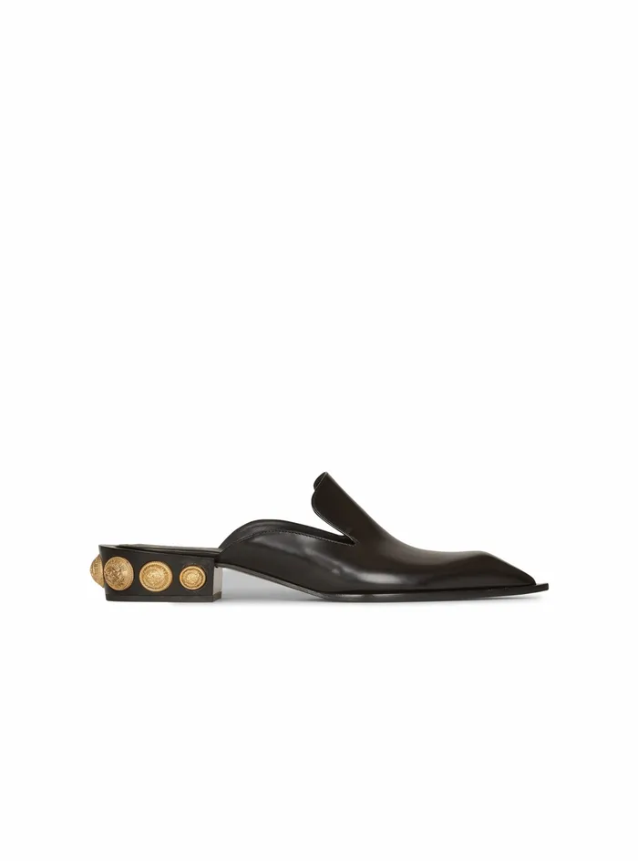 Balmain Flats Womens Shinyleather Coin Mule Loafers Black