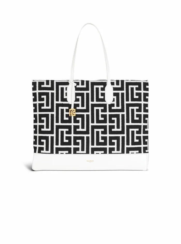 Balmain Folded Shopping Bags Womens LargeSized Bicolor Jacquard Folded Shopping Bag White
