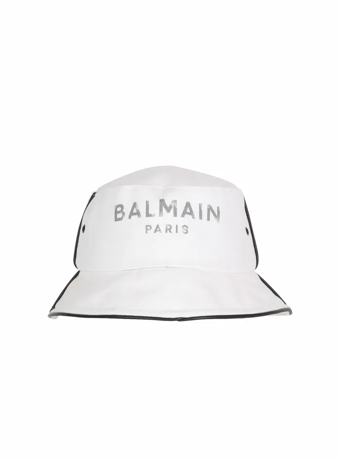 Balmain Hats Mens Cotton And Leather BArmy Bucket Hat With Balmain Logo White