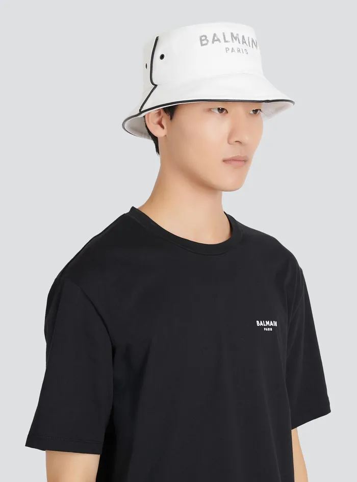 Balmain Hats Mens Cotton And Leather BArmy Bucket Hat With Balmain Logo White Balmain Hats Mens Cotton And Leather BArmy Bucket Hat With Balmain Logo White