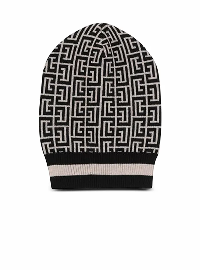 Balmain Hats Mens Wool Beanie With Balmain Monogram Black