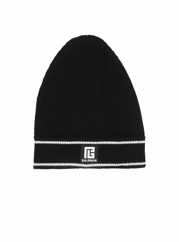 Balmain Hats Mens Wool Beanie With Embroidered Balmain Logo Black