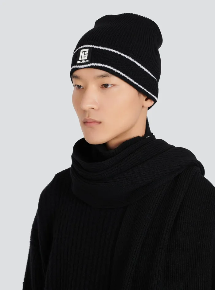 Balmain Hats Mens Wool Beanie With Embroidered Balmain Logo Black Balmain Hats Mens Wool Beanie With Embroidered Balmain Logo Black
