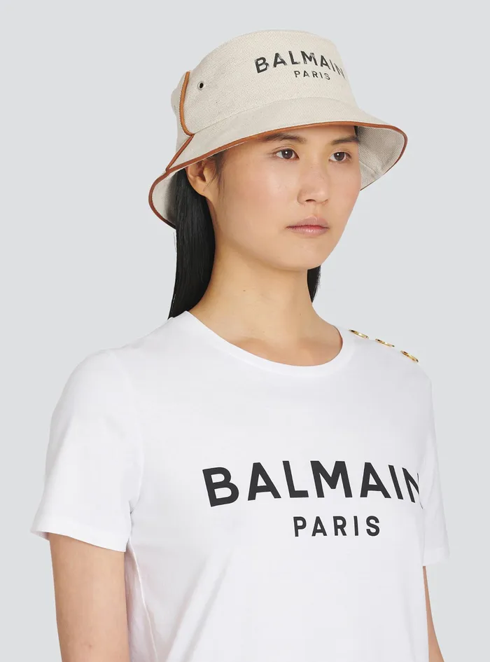 Balmain Hats Womens Cotton And Leather BArmy Bucket Hat With Balmain Logo White Balmain Hats Womens Cotton And Leather BArmy Bucket Hat With Balmain Logo White