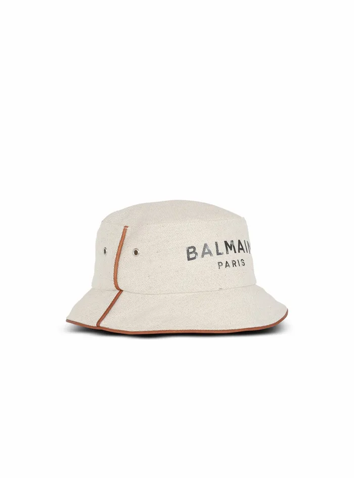 Balmain Hats Womens Cotton And Leather BArmy Bucket Hat With Balmain Logo White Balmain Hats Womens Cotton And Leather BArmy Bucket Hat With Balmain Logo White