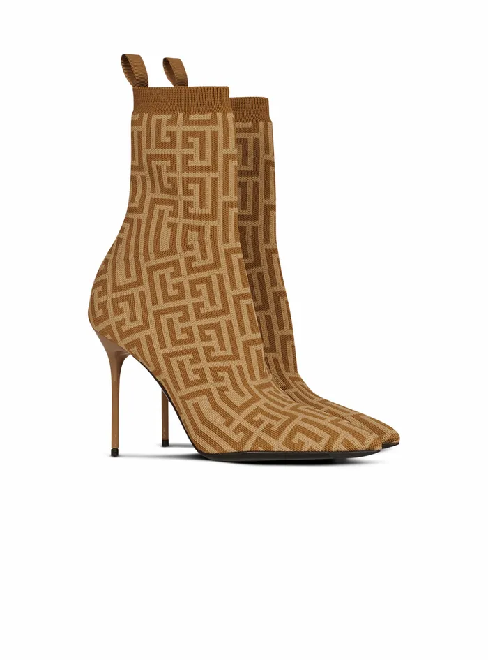 Balmain High Heels Womens Bicolor Stretch Knit Skye Ankle Boots With Balmain Monogram Beige Balmain High Heels Womens Bicolor Stretch Knit Skye Ankle Boots With Balmain Monogram Beige