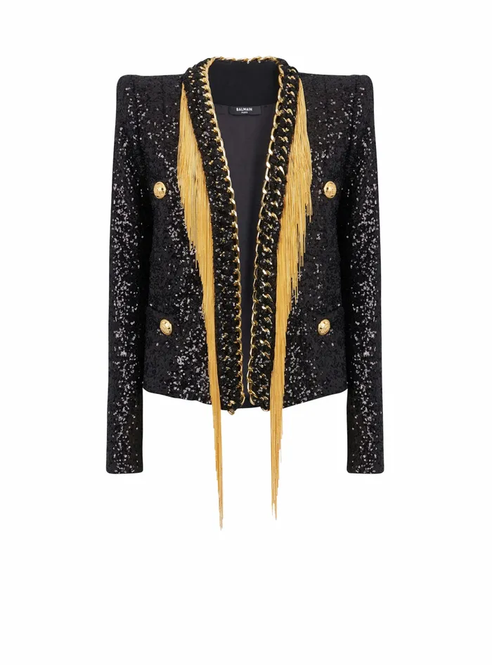 Balmain Jackets And Blazers Womens Sequined Jacket With Chain Fringed Black