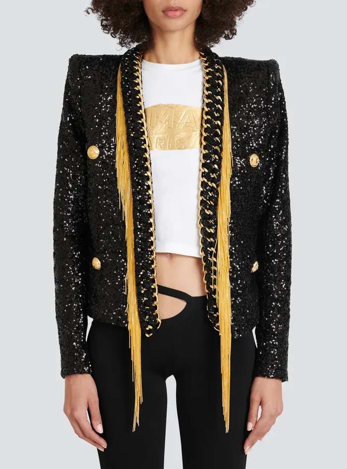 Balmain Jackets And Blazers Womens Sequined Jacket With Chain Fringed Black