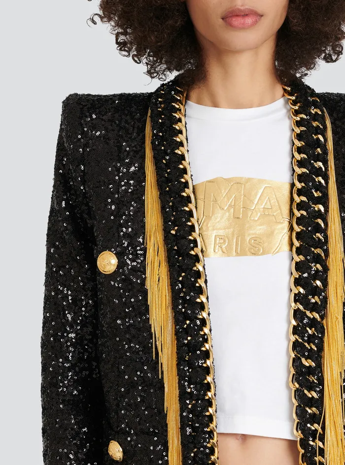 Balmain Jackets And Blazers Womens Sequined Jacket With Chain Fringed Black