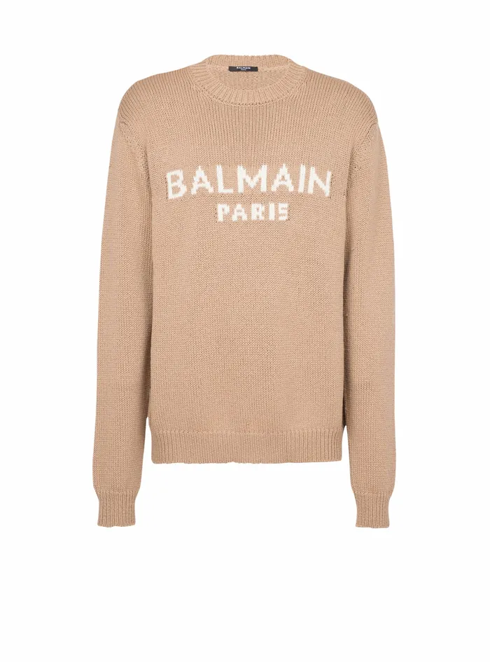 Balmain Knitwear Mens Merino Wool Sweater With White Balmain Paris Logo Beige Balmain Knitwear Mens Merino Wool Sweater With White Balmain Paris Logo Beige