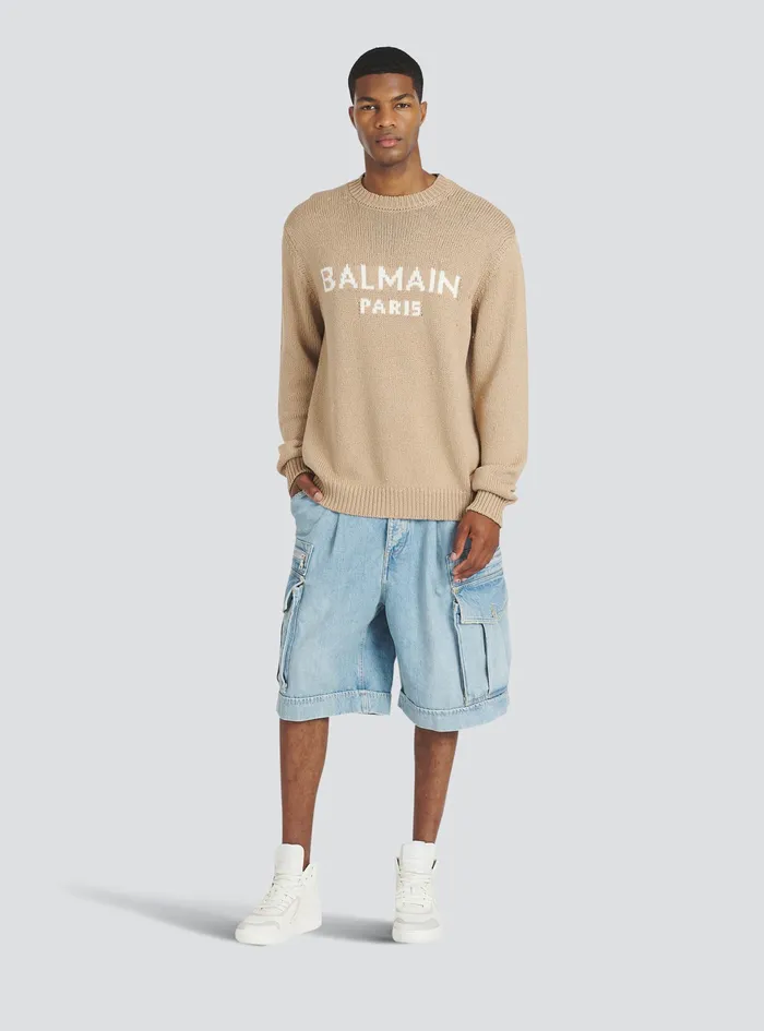 Balmain Knitwear Mens Merino Wool Sweater With White Balmain Paris Logo Beige Balmain Knitwear Mens Merino Wool Sweater With White Balmain Paris Logo Beige
