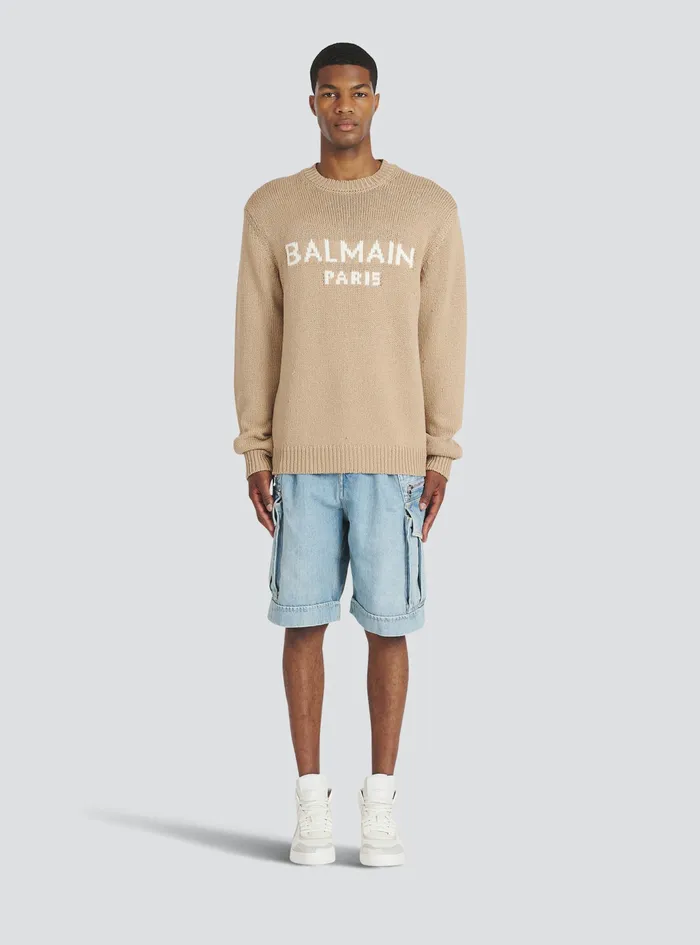 Balmain Knitwear Mens Merino Wool Sweater With White Balmain Paris Logo Beige Balmain Knitwear Mens Merino Wool Sweater With White Balmain Paris Logo Beige