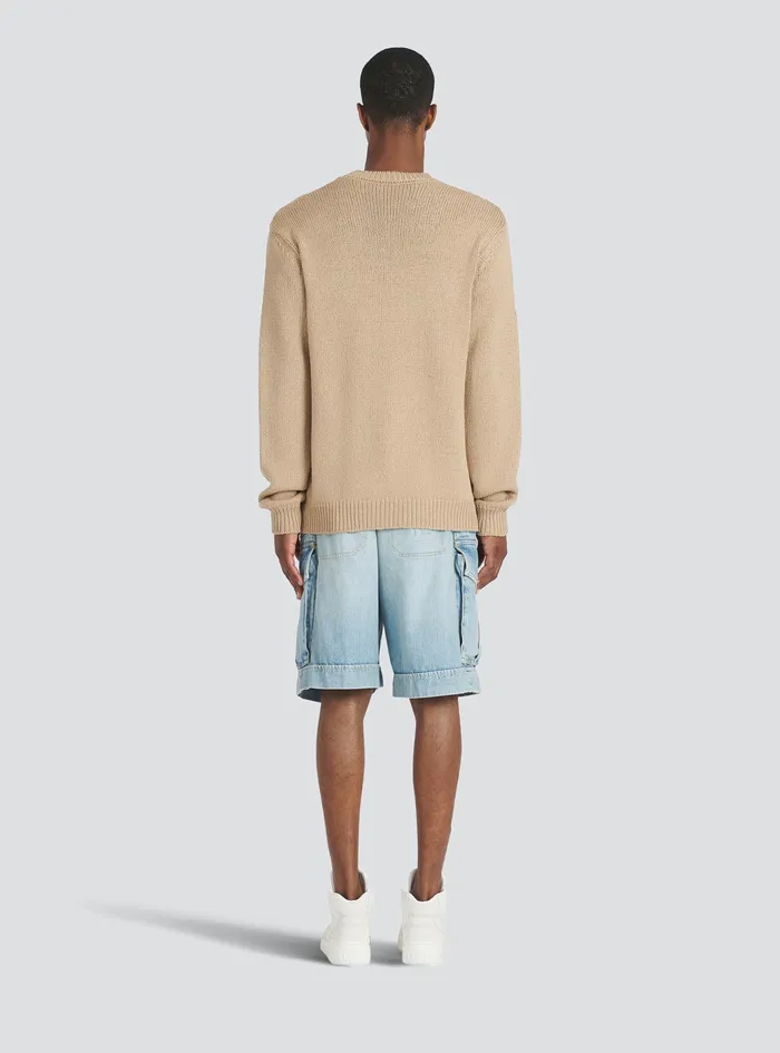 Balmain Knitwear Mens Merino Wool Sweater With White Balmain Paris Logo Beige Balmain Knitwear Mens Merino Wool Sweater With White Balmain Paris Logo Beige