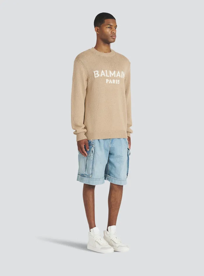 Balmain Knitwear Mens Merino Wool Sweater With White Balmain Paris Logo Beige Balmain Knitwear Mens Merino Wool Sweater With White Balmain Paris Logo Beige