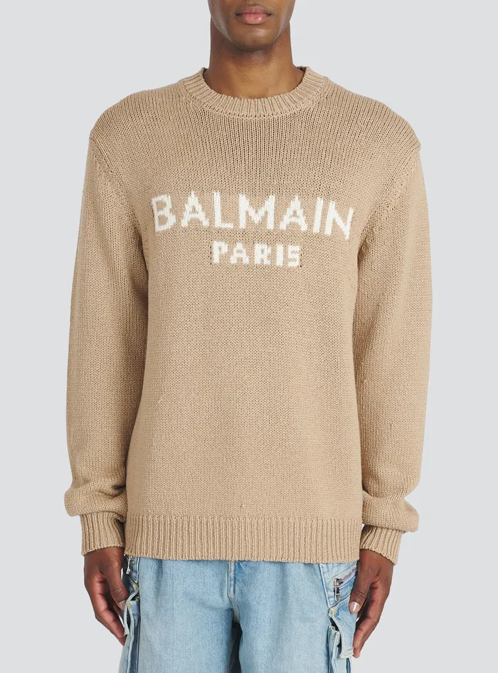 Balmain Knitwear Mens Merino Wool Sweater With White Balmain Paris Logo Beige Balmain Knitwear Mens Merino Wool Sweater With White Balmain Paris Logo Beige