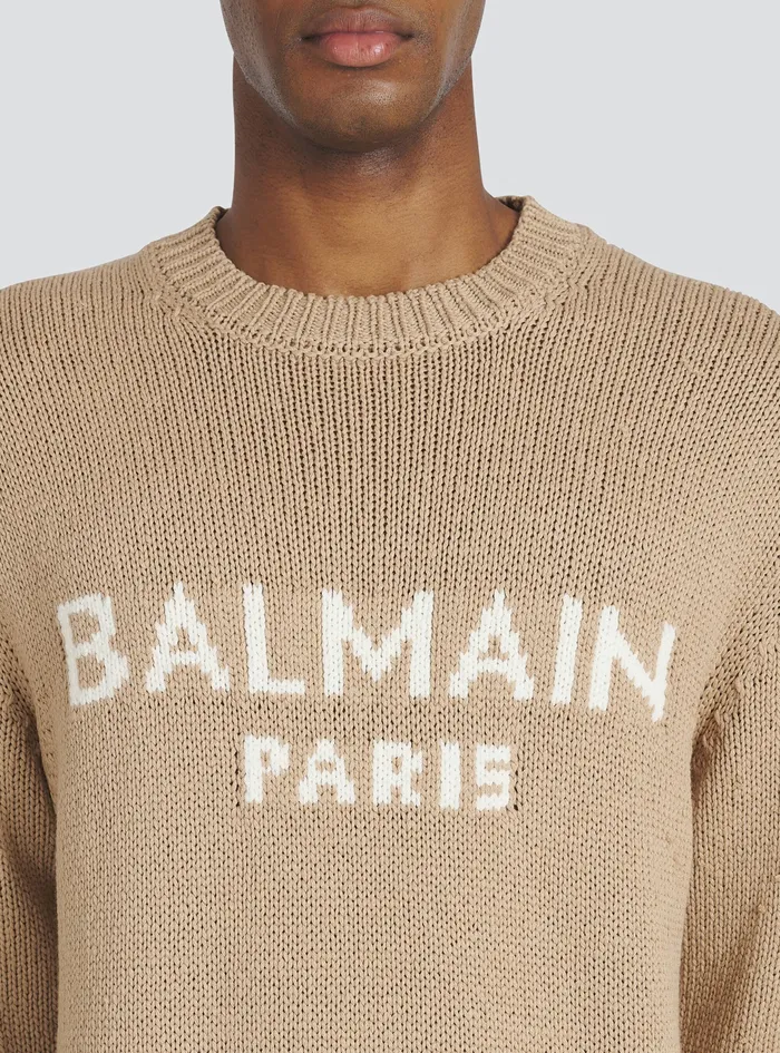 Balmain Knitwear Mens Merino Wool Sweater With White Balmain Paris Logo Beige Balmain Knitwear Mens Merino Wool Sweater With White Balmain Paris Logo Beige