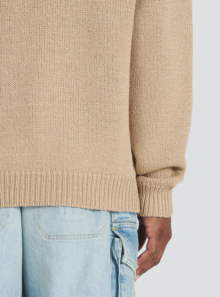 Balmain Knitwear Mens Merino Wool Sweater With White Balmain Paris Logo Beige Balmain Knitwear Mens Merino Wool Sweater With White Balmain Paris Logo Beige