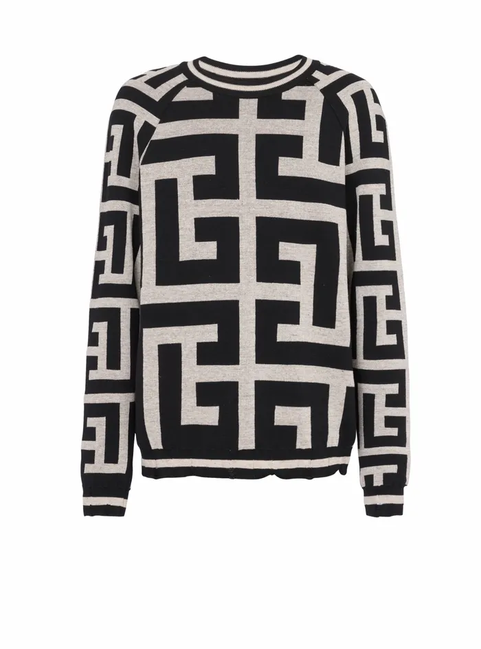 Balmain Knitwear Mens Wool Sweater With Maxi Balmain Monogram Black