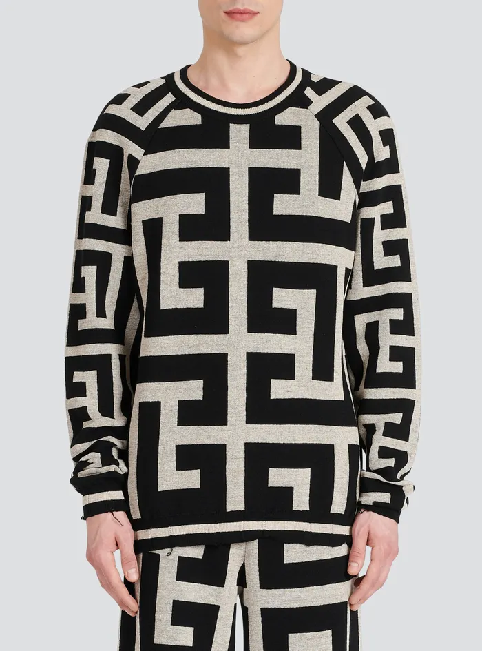Balmain Knitwear Mens Wool Sweater With Maxi Balmain Monogram Black Balmain Knitwear Mens Wool Sweater With Maxi Balmain Monogram Black