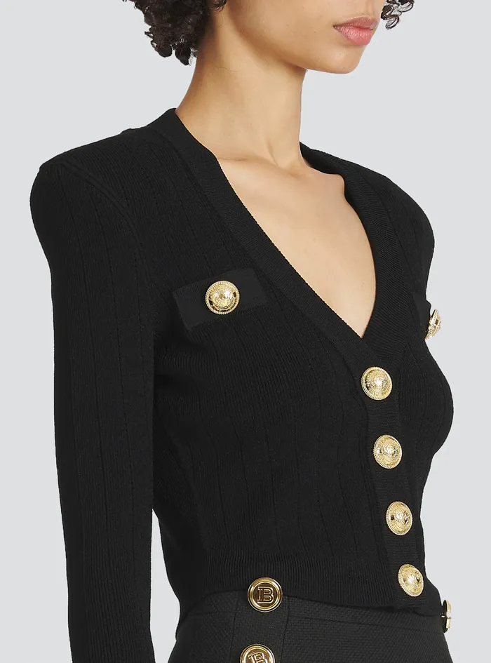 Balmain Knitwear Womens Cropped EcoDesigned Knit Cardigan With GoldTone Buttons Black Balmain Knitwear Womens Cropped EcoDesigned Knit Cardigan With GoldTone Buttons Black