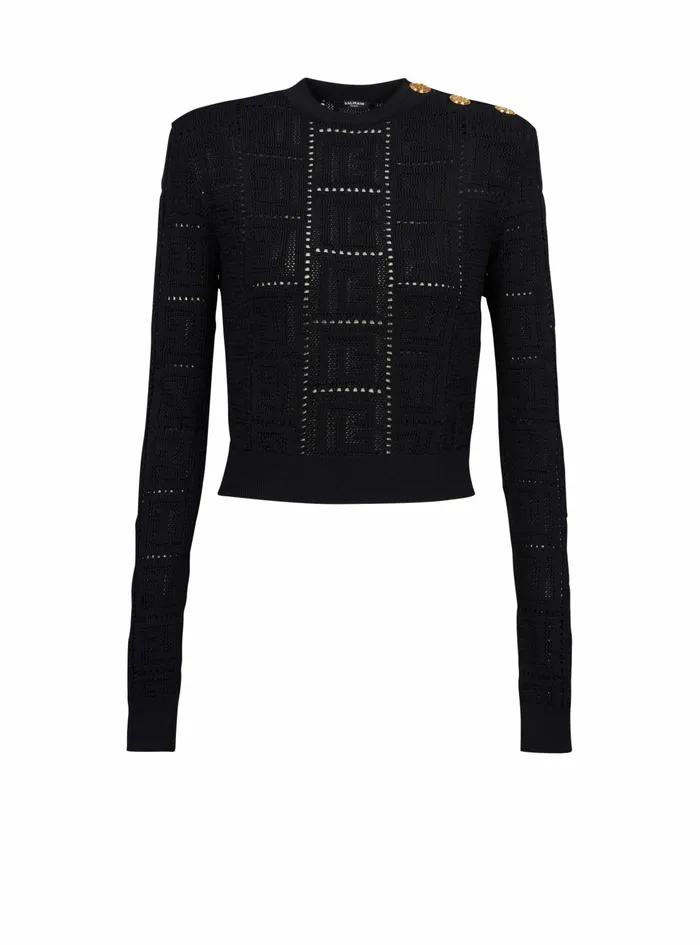 Balmain Knitwear Womens Cropped EcoDesigned Sweater With Balmain Monogram Black Balmain Knitwear Womens Cropped EcoDesigned Sweater With Balmain Monogram Black