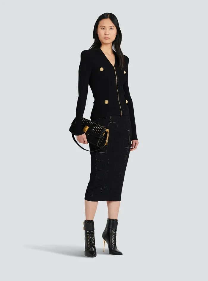 Balmain Knitwear Womens Cropped EcoDesigned Sweater With Balmain Monogram Black Balmain Knitwear Womens Cropped EcoDesigned Sweater With Balmain Monogram Black