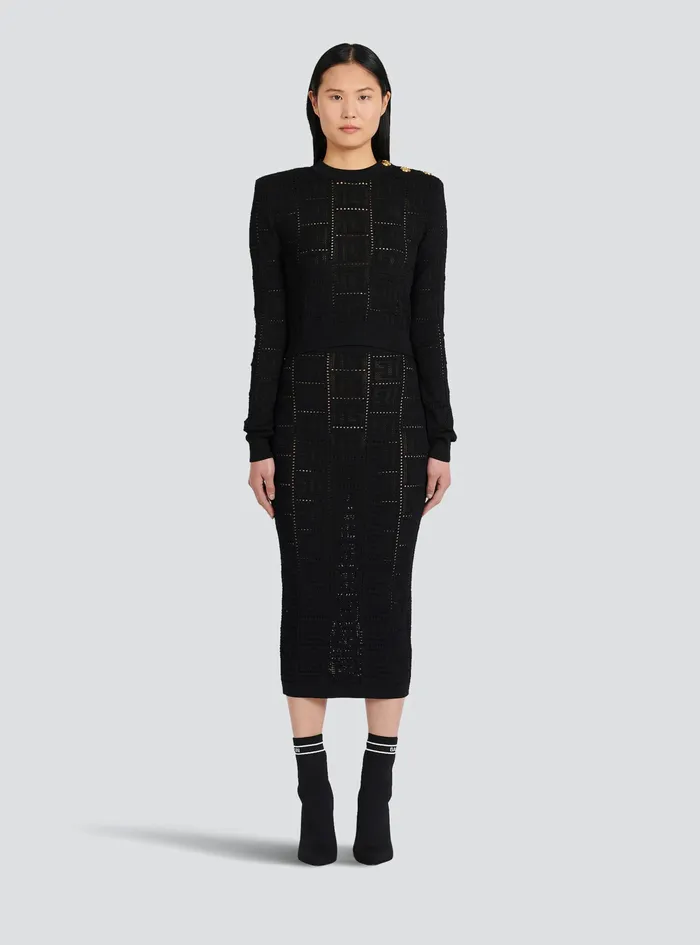 Balmain Knitwear Womens Cropped EcoDesigned Sweater With Balmain Monogram Black Balmain Knitwear Womens Cropped EcoDesigned Sweater With Balmain Monogram Black