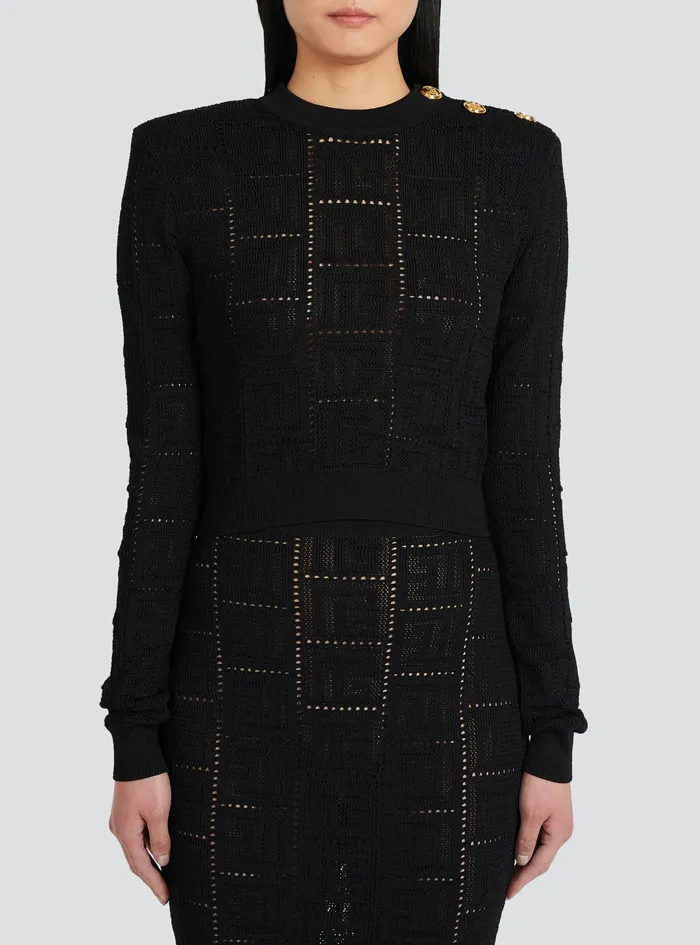 Balmain Knitwear Womens Cropped EcoDesigned Sweater With Balmain Monogram Black Balmain Knitwear Womens Cropped EcoDesigned Sweater With Balmain Monogram Black