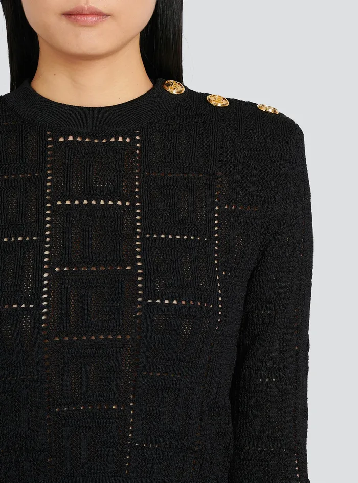 Balmain Knitwear Womens Cropped EcoDesigned Sweater With Balmain Monogram Black Balmain Knitwear Womens Cropped EcoDesigned Sweater With Balmain Monogram Black