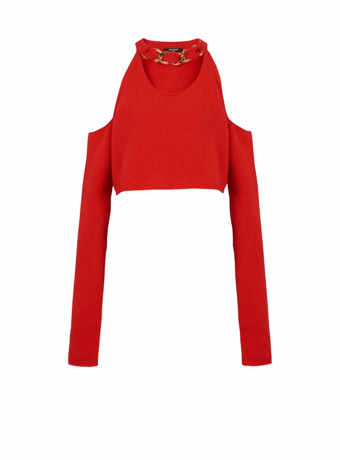 Balmain Knitwear Womens Cropped Knit Sweater Red