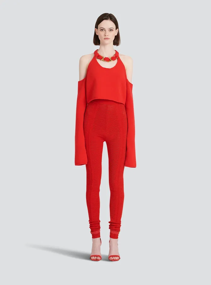 Balmain Knitwear Womens Cropped Knit Sweater Red Balmain Knitwear Womens Cropped Knit Sweater Red