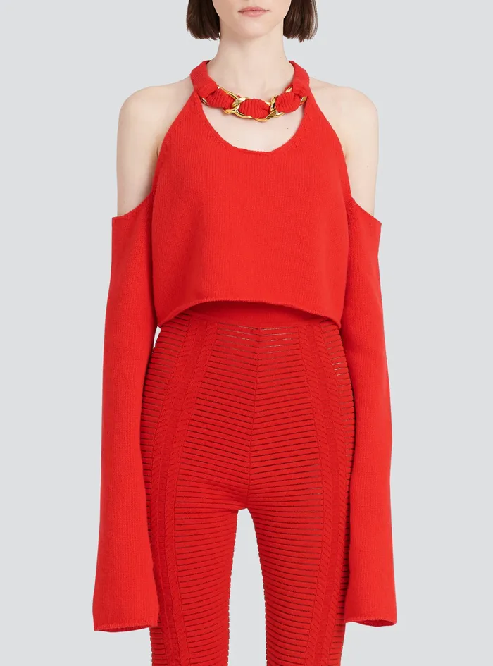 Balmain Knitwear Womens Cropped Knit Sweater Red Balmain Knitwear Womens Cropped Knit Sweater Red