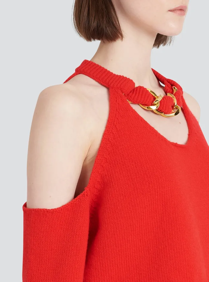 Balmain Knitwear Womens Cropped Knit Sweater Red Balmain Knitwear Womens Cropped Knit Sweater Red