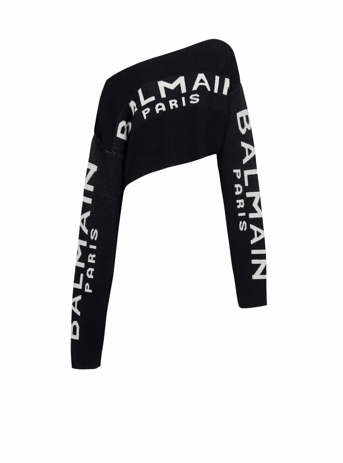 Balmain Knitwear Womens Cropped Knit Sweater With Graffiti Balmain Logo Print Black Balmain Knitwear Womens Cropped Knit Sweater With Graffiti Balmain Logo Print Black