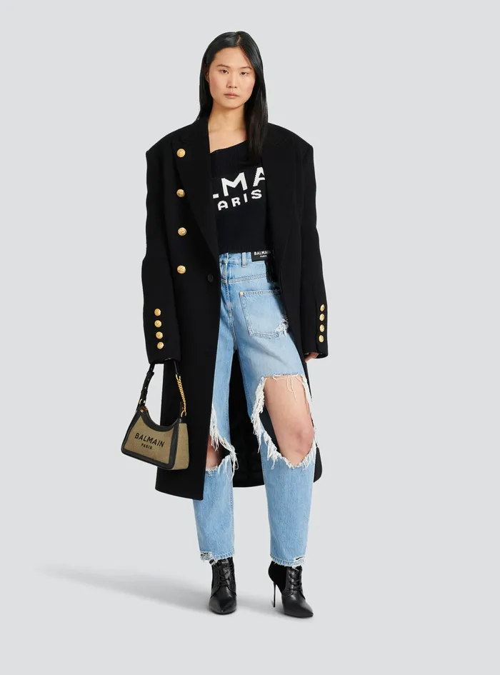 Balmain Knitwear Womens Cropped Knit Sweater With Graffiti Balmain Logo Print Black