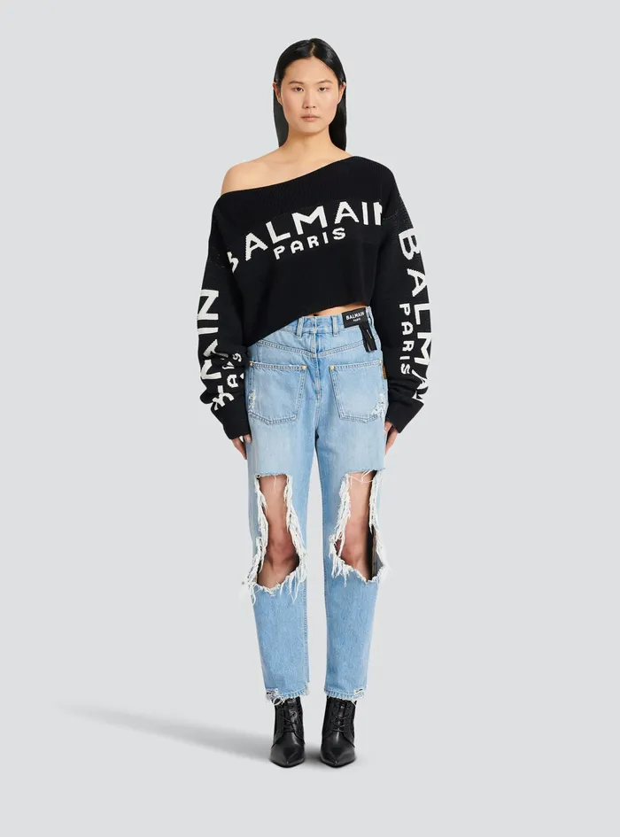 Balmain Knitwear Womens Cropped Knit Sweater With Graffiti Balmain Logo Print Black