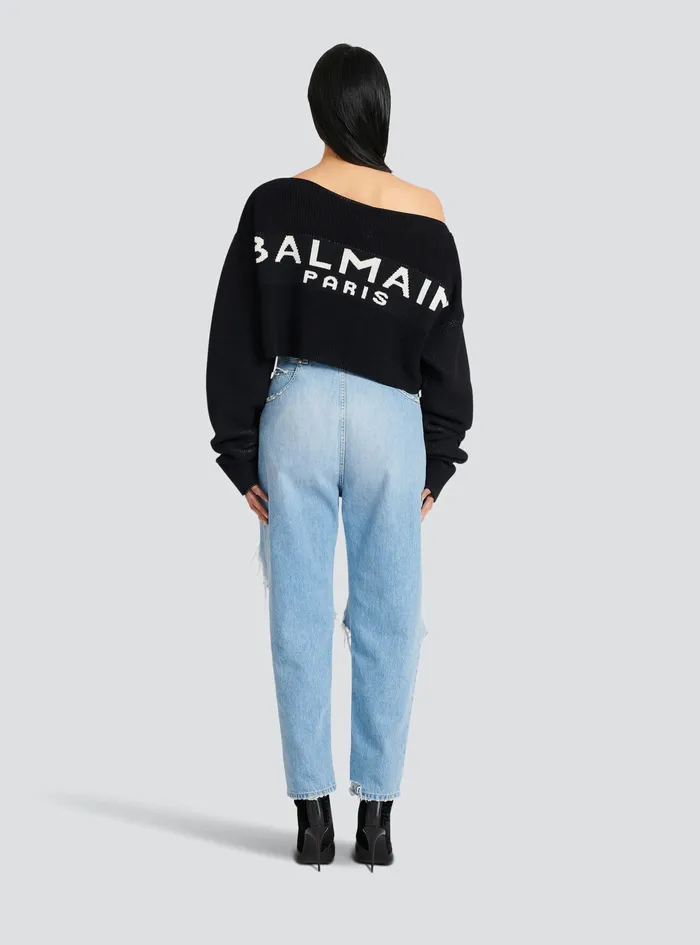 Balmain Knitwear Womens Cropped Knit Sweater With Graffiti Balmain Logo Print Black