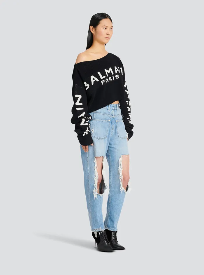 Balmain Knitwear Womens Cropped Knit Sweater With Graffiti Balmain Logo Print Black
