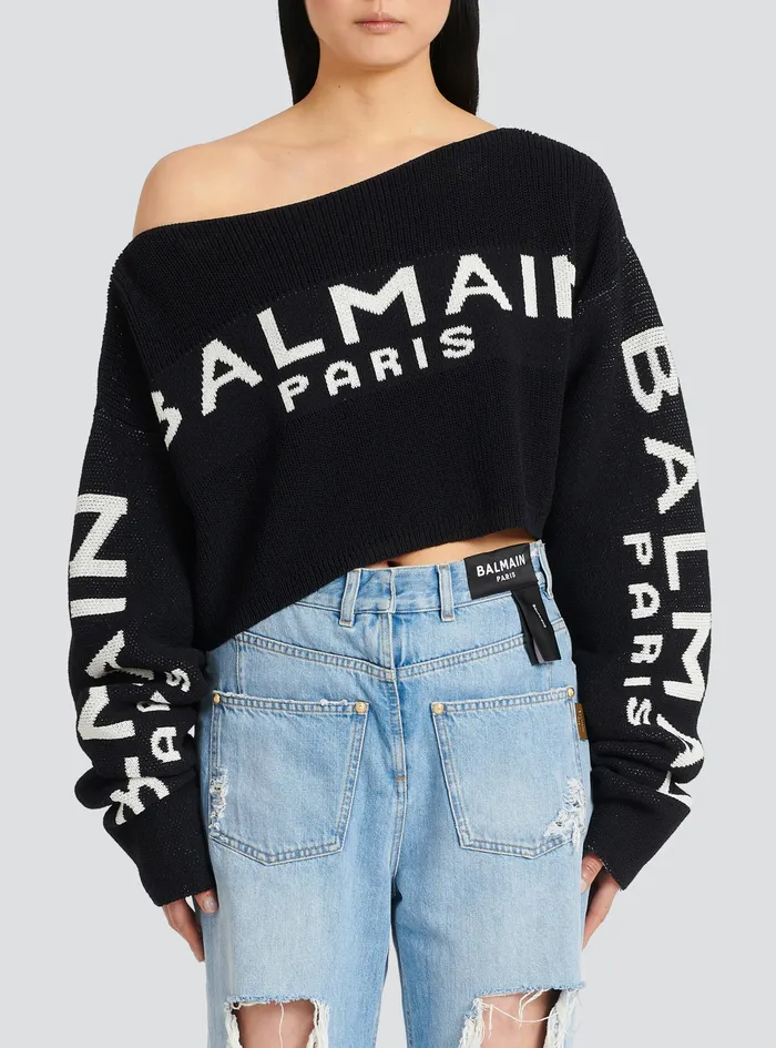 Balmain Knitwear Womens Cropped Knit Sweater With Graffiti Balmain Logo Print Black