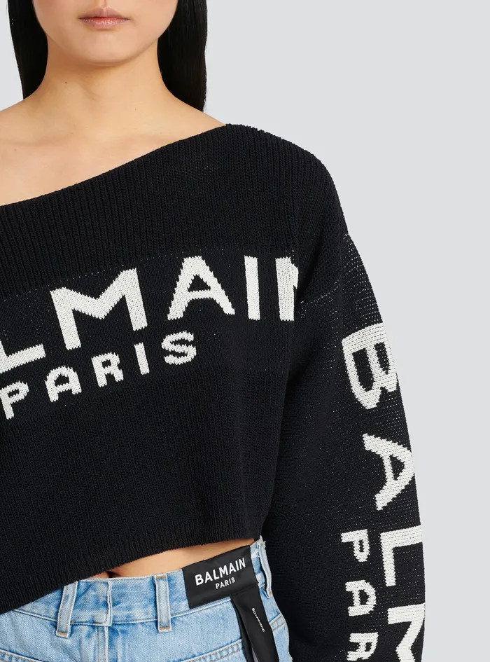 Balmain Knitwear Womens Cropped Knit Sweater With Graffiti Balmain Logo Print Black