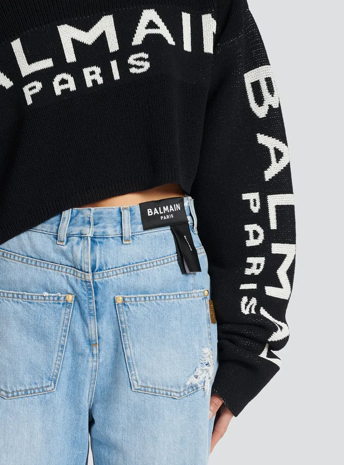 Balmain Knitwear Womens Cropped Knit Sweater With Graffiti Balmain Logo Print Black