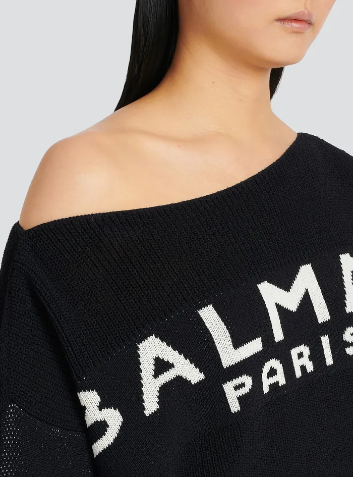 Balmain Knitwear Womens Cropped Knit Sweater With Graffiti Balmain Logo Print Black
