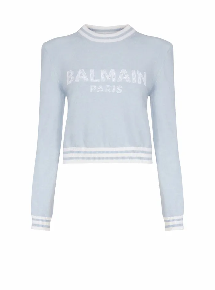 Balmain Knitwear Womens Cropped Wool Sweatshirt With Balmain Logo Blue