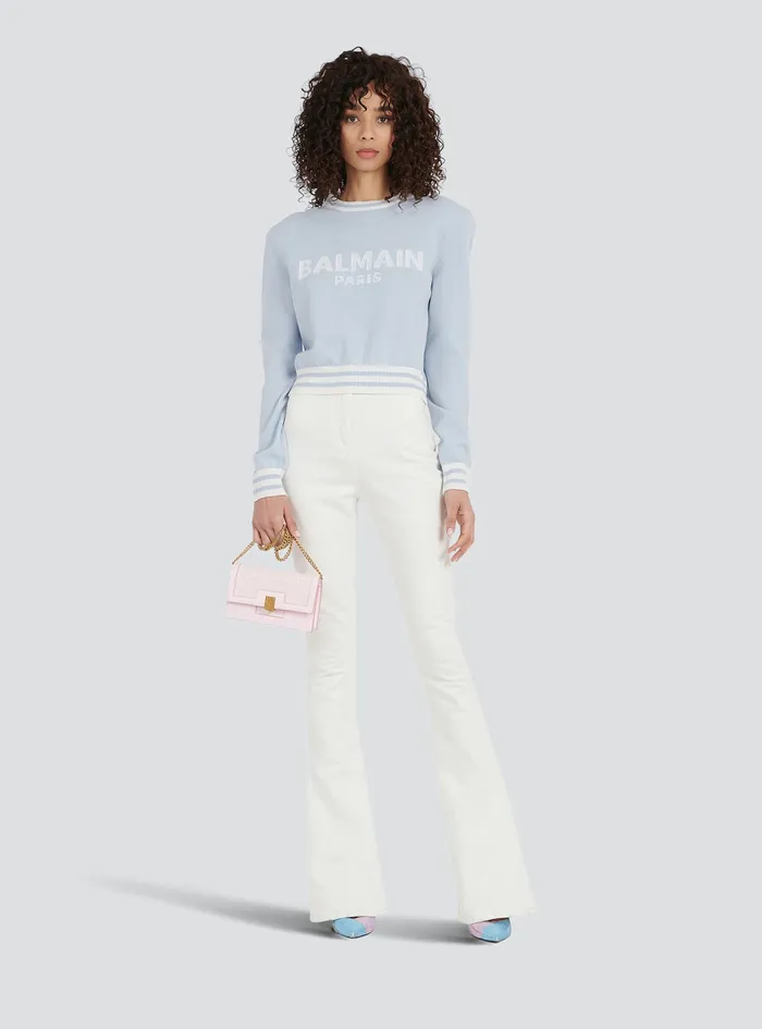 Balmain Knitwear Womens Cropped Wool Sweatshirt With Balmain Logo Blue Balmain Knitwear Womens Cropped Wool Sweatshirt With Balmain Logo Blue