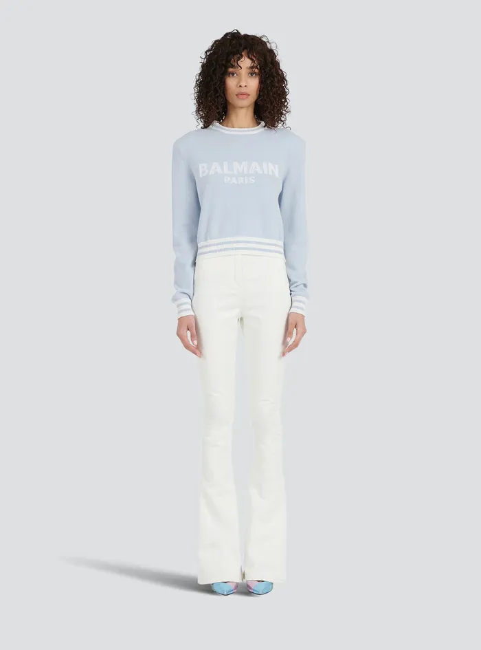 Balmain Knitwear Womens Cropped Wool Sweatshirt With Balmain Logo Blue Balmain Knitwear Womens Cropped Wool Sweatshirt With Balmain Logo Blue
