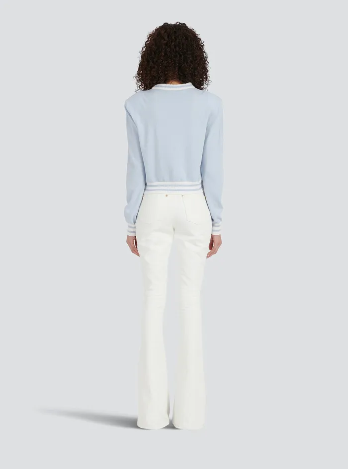 Balmain Knitwear Womens Cropped Wool Sweatshirt With Balmain Logo Blue Balmain Knitwear Womens Cropped Wool Sweatshirt With Balmain Logo Blue