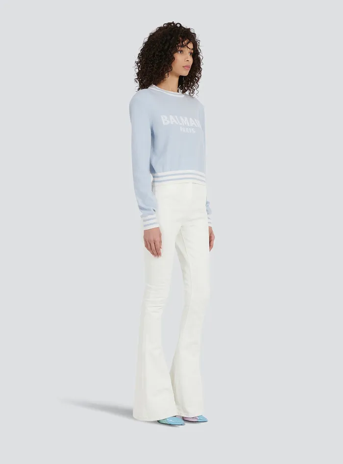 Balmain Knitwear Womens Cropped Wool Sweatshirt With Balmain Logo Blue Balmain Knitwear Womens Cropped Wool Sweatshirt With Balmain Logo Blue