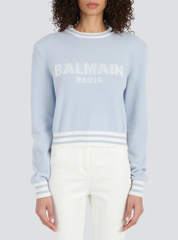 Balmain Knitwear Womens Cropped Wool Sweatshirt With Balmain Logo Blue Balmain Knitwear Womens Cropped Wool Sweatshirt With Balmain Logo Blue