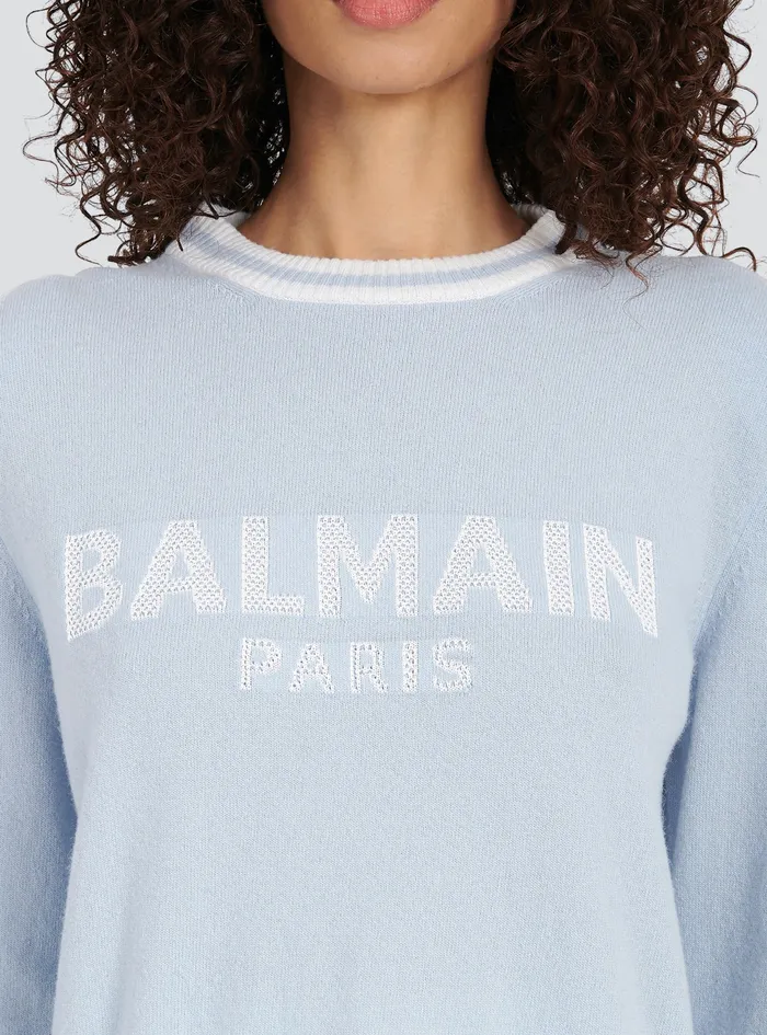 Balmain Knitwear Womens Cropped Wool Sweatshirt With Balmain Logo Blue Balmain Knitwear Womens Cropped Wool Sweatshirt With Balmain Logo Blue